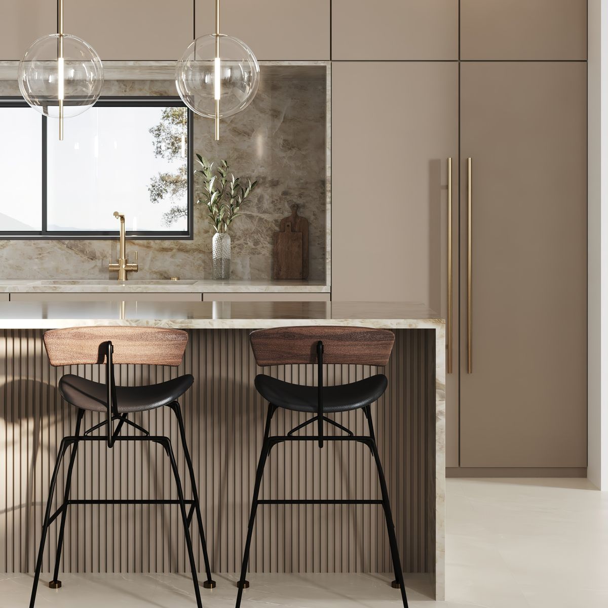 Modern Kitchen interior, bench stools, and glass lamps - Pakenham Property and Real Estate