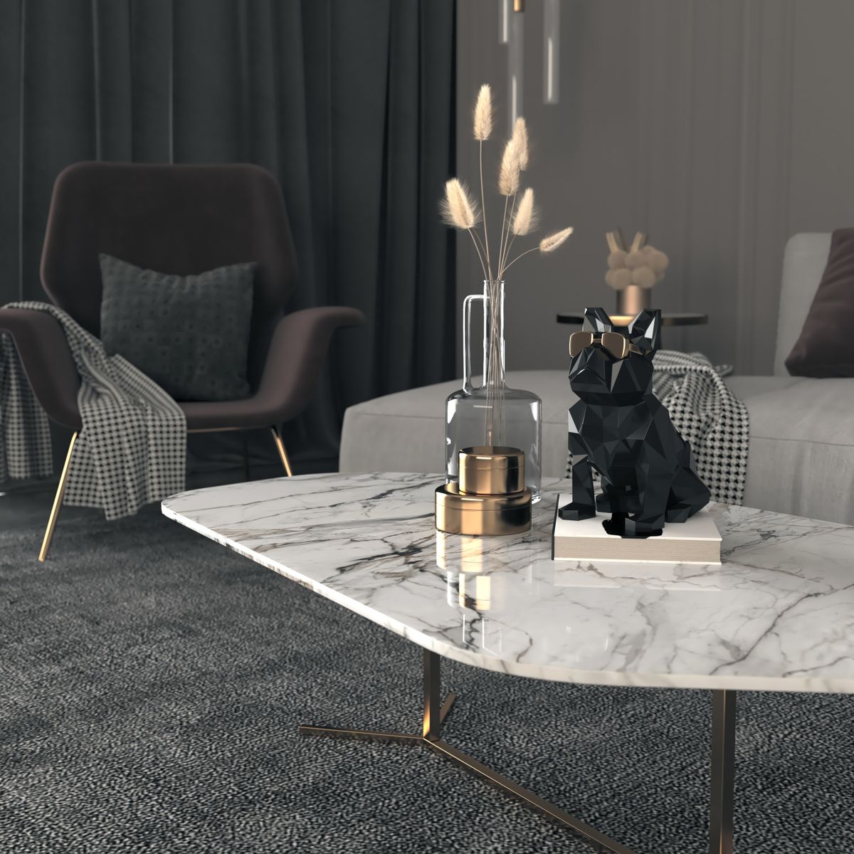 Marble coffee table, glass vase with dried grass, black pug statue wearing gold sunglasses sitting on book - Pakenham Suburb Profile